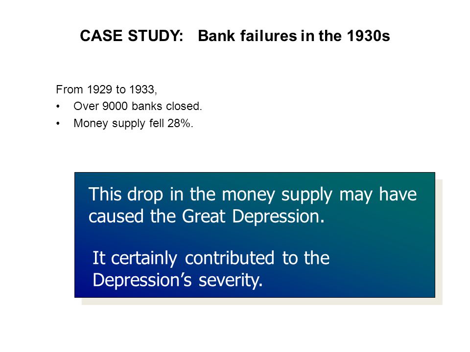 CASE STUDY: Bank failures in the 1930s From 1929 to 1933, Over 9000 banks closed.