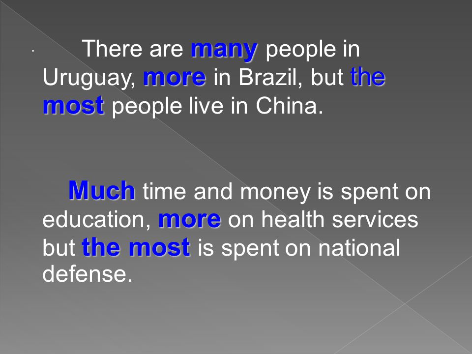 many morethe most · There are many people in Uruguay, more in Brazil, but the most people live in China.