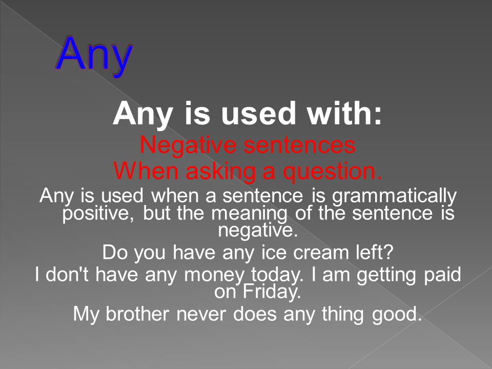 Any is used with: Negative sentences When asking a question.