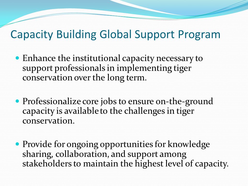 Capacity Building Global Support Program Enhance the institutional capacity necessary to support professionals in implementing tiger conservation over the long term.