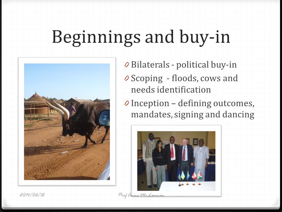 Beginnings and buy-in 0 Bilaterals - political buy-in 0 Scoping - floods, cows and needs identification 0 Inception – defining outcomes, mandates, signing and dancing Prof Anne Mc Lennan2014/06/12