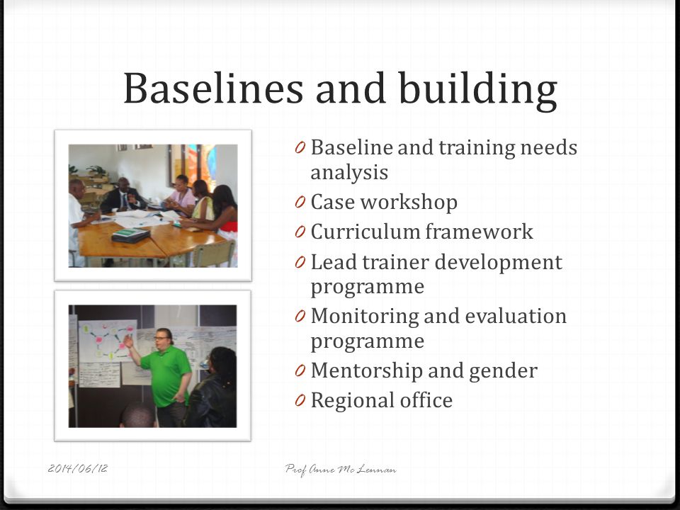 Baselines and building 0 Baseline and training needs analysis 0 Case workshop 0 Curriculum framework 0 Lead trainer development programme 0 Monitoring and evaluation programme 0 Mentorship and gender 0 Regional office Prof Anne Mc Lennan2014/06/12