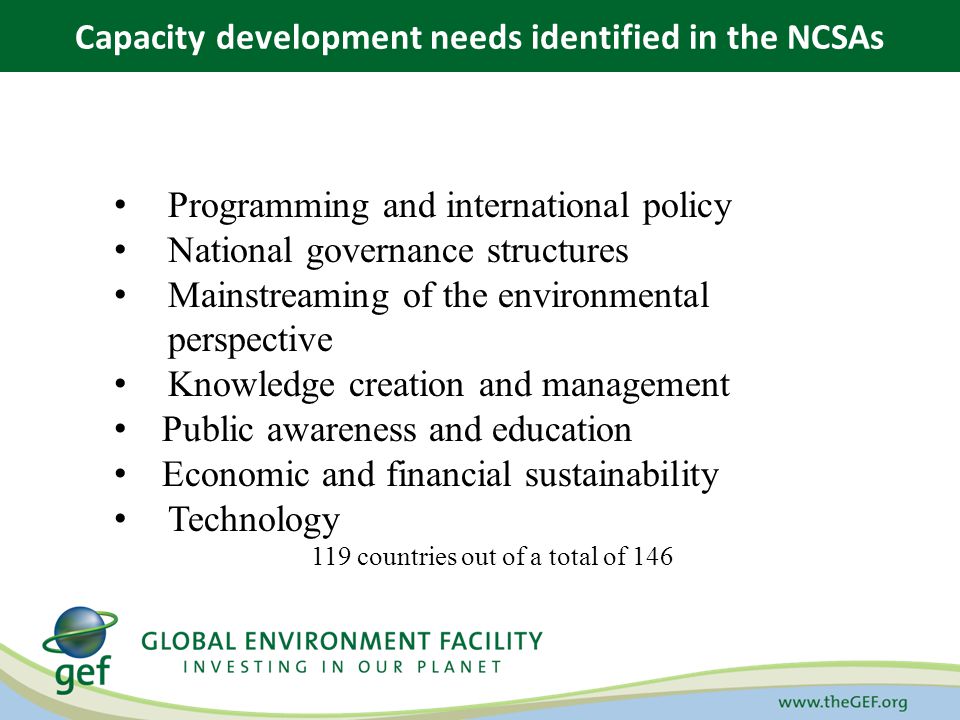 Programming and international policy National governance structures Mainstreaming of the environmental perspective Knowledge creation and management Public awareness and education Economic and financial sustainability Technology 119 countries out of a total of 146 Capacity development needs identified in the NCSAs