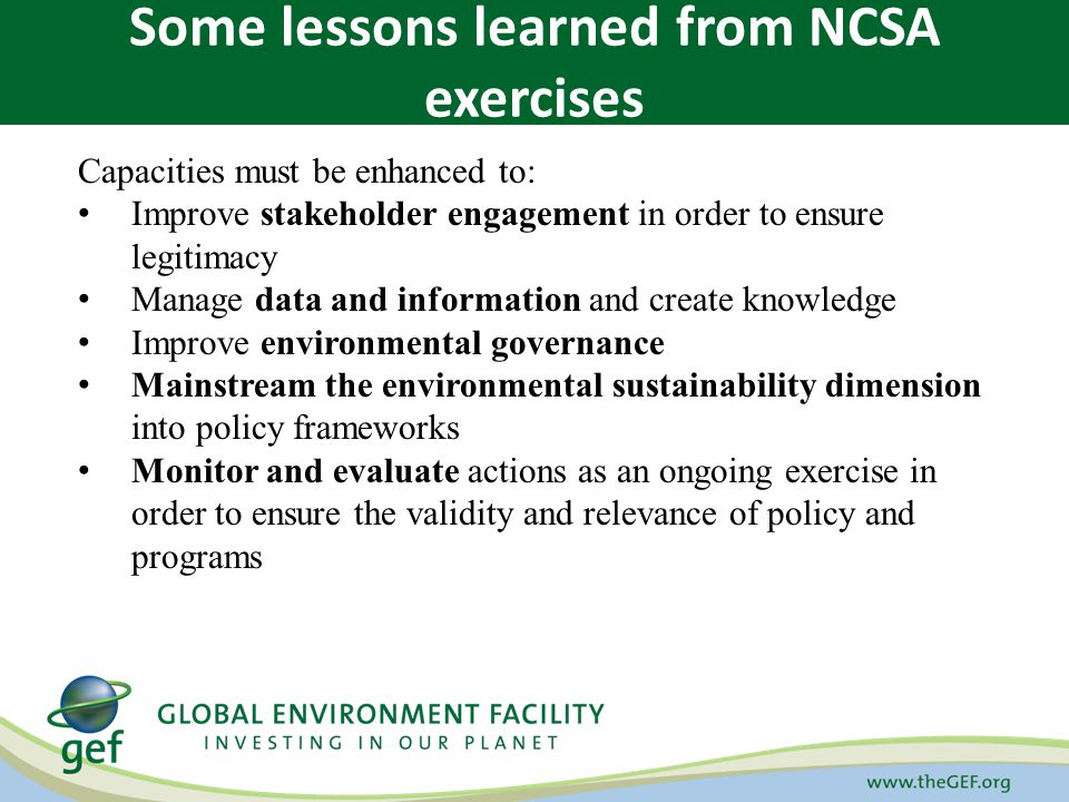 Capacities must be enhanced to: Improve stakeholder engagement in order to ensure legitimacy Manage data and information and create knowledge Improve environmental governance Mainstream the environmental sustainability dimension into policy frameworks Monitor and evaluate actions as an ongoing exercise in order to ensure the validity and relevance of policy and programs Some lessons learned from NCSA exercises