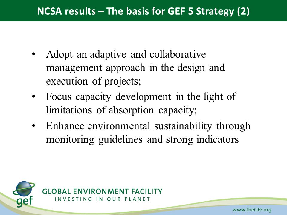Adopt an adaptive and collaborative management approach in the design and execution of projects; Focus capacity development in the light of limitations of absorption capacity; Enhance environmental sustainability through monitoring guidelines and strong indicators NCSA results – The basis for GEF 5 Strategy (2)