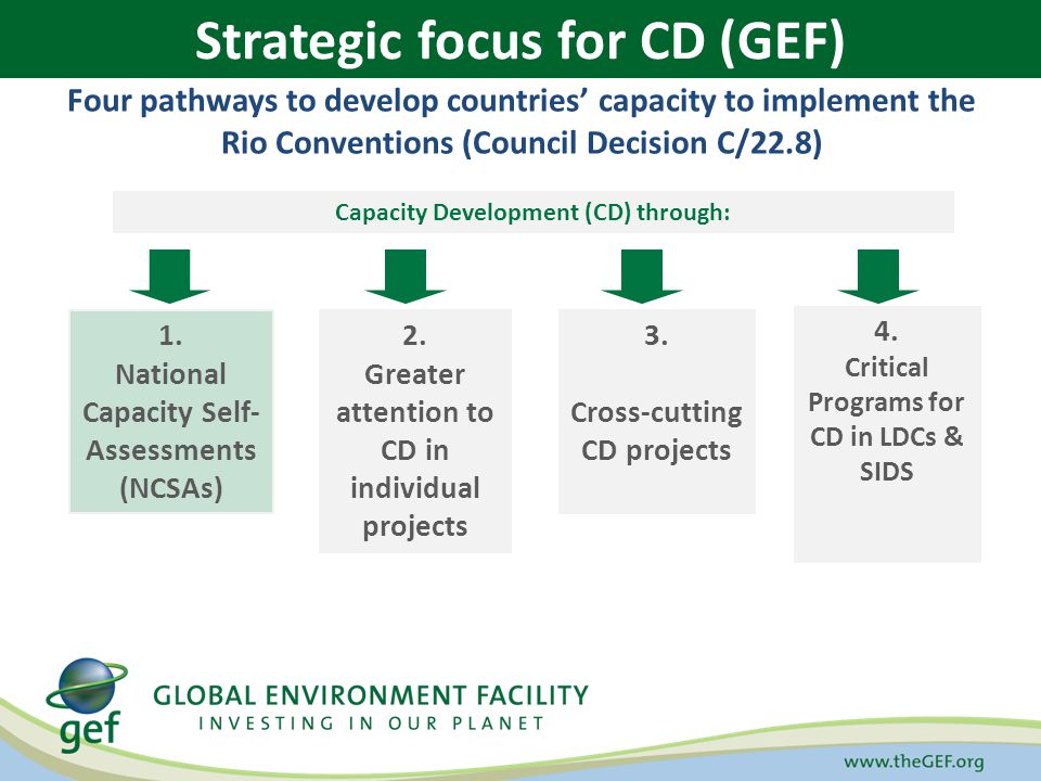 GEF STRATEGIC APPROACH TO CAPACITY BUILDING Four pathways to develop countries capacity to implement the Rio Conventions (Council Decision C/22.8) Capacity Development (CD) through: 1.