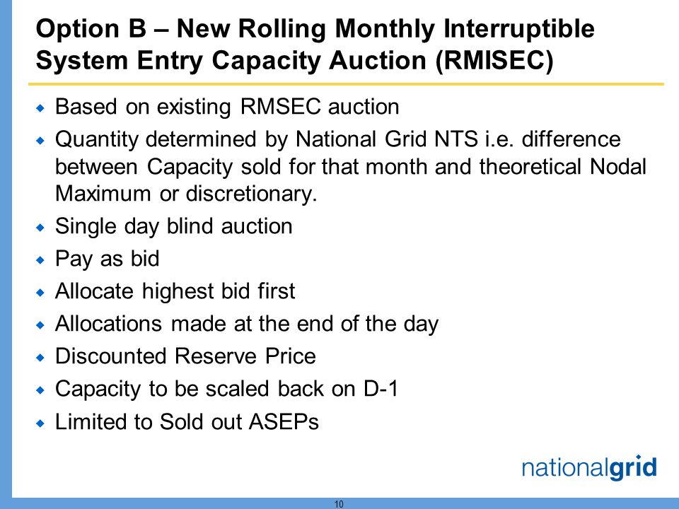10 Option B – New Rolling Monthly Interruptible System Entry Capacity Auction (RMISEC) Based on existing RMSEC auction Quantity determined by National Grid NTS i.e.