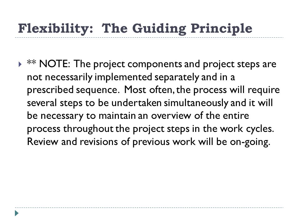 Flexibility: The Guiding Principle ** NOTE: The project components and project steps are not necessarily implemented separately and in a prescribed sequence.