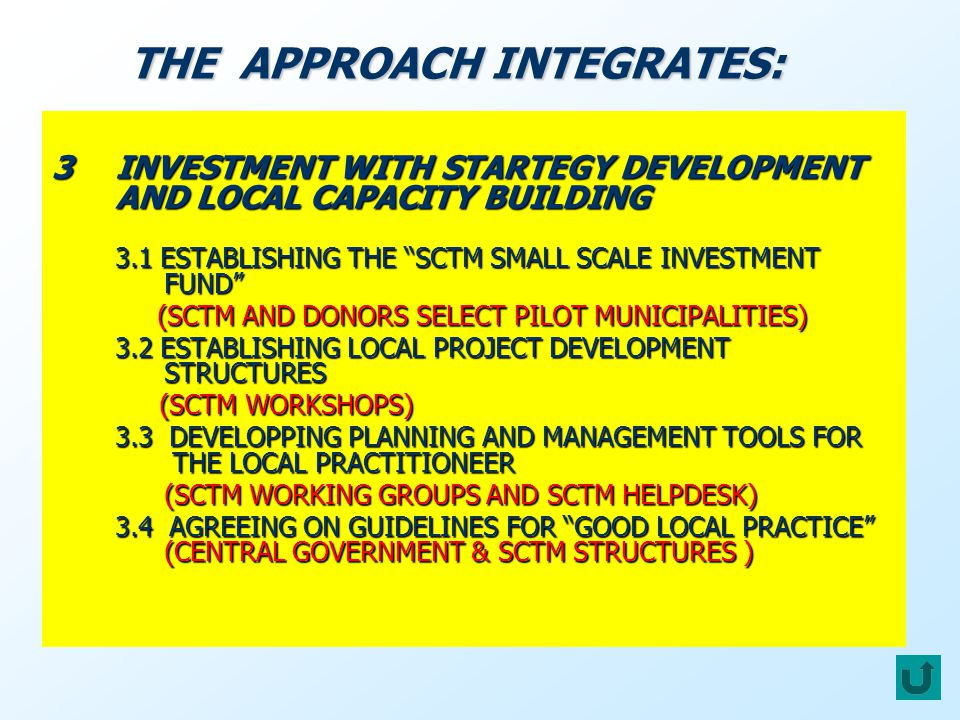 3INVESTMENT WITH STARTEGY DEVELOPMENT AND LOCAL CAPACITY BUILDING 3.1 ESTABLISHING THE SCTM SMALL SCALE INVESTMENT FUND (SCTM AND DONORS SELECT PILOT MUNICIPALITIES) (SCTM AND DONORS SELECT PILOT MUNICIPALITIES) 3.2 ESTABLISHING LOCAL PROJECT DEVELOPMENT STRUCTURES (SCTM WORKSHOPS) (SCTM WORKSHOPS) 3.3 DEVELOPPING PLANNING AND MANAGEMENT TOOLS FOR THE LOCAL PRACTITIONEER (SCTM WORKING GROUPS AND SCTM HELPDESK) (SCTM WORKING GROUPS AND SCTM HELPDESK) 3.4 AGREEING ON GUIDELINES FOR GOOD LOCAL PRACTICE (CENTRAL GOVERNMENT & SCTM STRUCTURES ) THE APPROACH INTEGRATES: