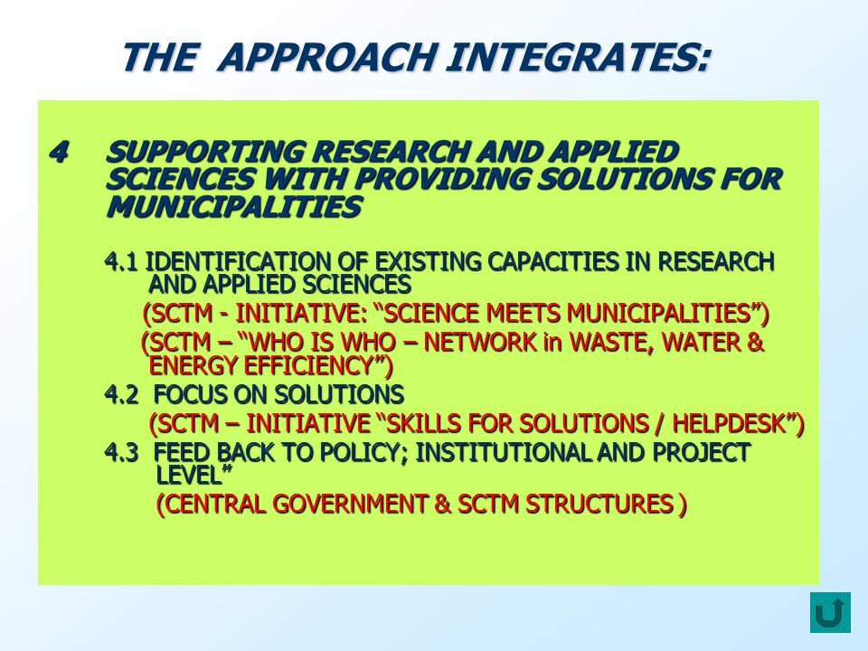 4SUPPORTING RESEARCH AND APPLIED SCIENCES WITH PROVIDING SOLUTIONS FOR MUNICIPALITIES 4.1 IDENTIFICATION OF EXISTING CAPACITIES IN RESEARCH AND APPLIED SCIENCES (SCTM - INITIATIVE: SCIENCE MEETS MUNICIPALITIES) (SCTM - INITIATIVE: SCIENCE MEETS MUNICIPALITIES) (SCTM – WHO IS WHO – NETWORK in WASTE, WATER & ENERGY EFFICIENCY) (SCTM – WHO IS WHO – NETWORK in WASTE, WATER & ENERGY EFFICIENCY) 4.2 FOCUS ON SOLUTIONS (SCTM – INITIATIVE SKILLS FOR SOLUTIONS / HELPDESK) (SCTM – INITIATIVE SKILLS FOR SOLUTIONS / HELPDESK) 4.3 FEED BACK TO POLICY; INSTITUTIONAL AND PROJECT LEVEL (CENTRAL GOVERNMENT & SCTM STRUCTURES ) (CENTRAL GOVERNMENT & SCTM STRUCTURES ) THE APPROACH INTEGRATES: