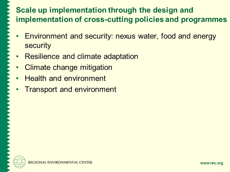 Scale up implementation through the design and implementation of cross-cutting policies and programmes Environment and security: nexus water, food and energy security Resilience and climate adaptation Climate change mitigation Health and environment Transport and environment