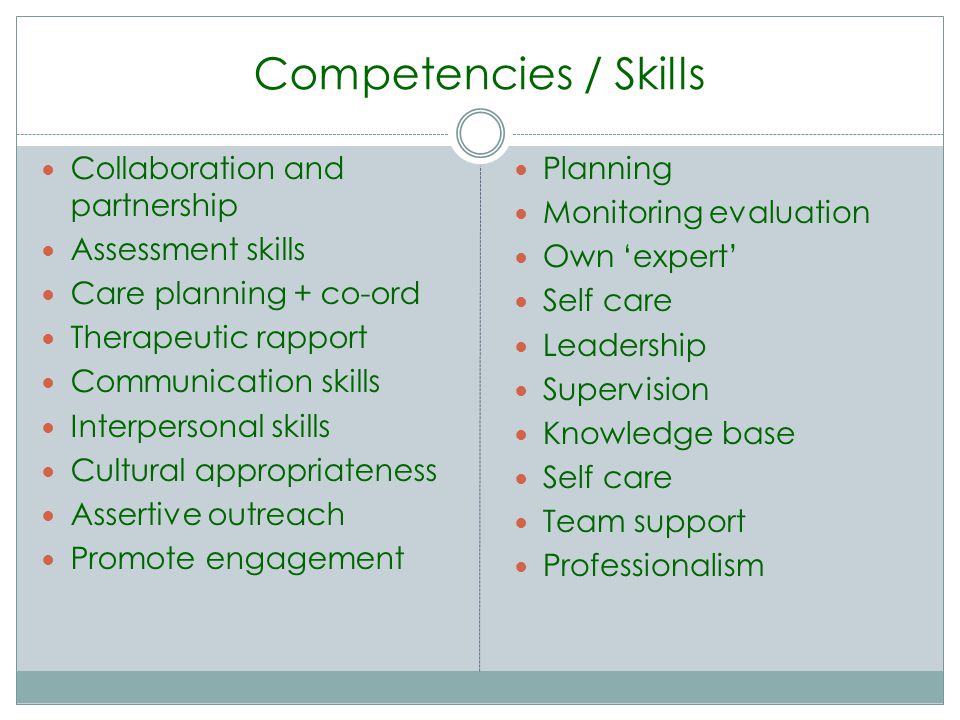 Competencies / Skills Collaboration and partnership Assessment skills Care planning + co-ord Therapeutic rapport Communication skills Interpersonal skills Cultural appropriateness Assertive outreach Promote engagement Planning Monitoring evaluation Own expert Self care Leadership Supervision Knowledge base Self care Team support Professionalism