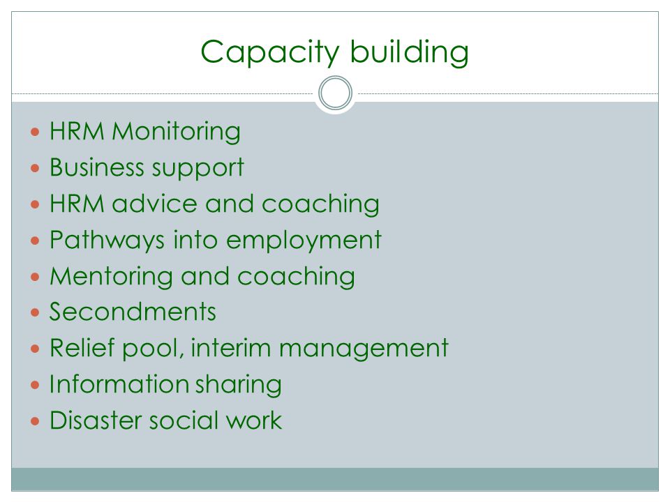 Capacity building HRM Monitoring Business support HRM advice and coaching Pathways into employment Mentoring and coaching Secondments Relief pool, interim management Information sharing Disaster social work