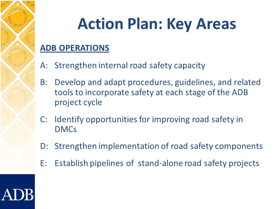 Action Plan: Key Areas ADB OPERATIONS A:Strengthen internal road safety capacity B:Develop and adapt procedures, guidelines, and related tools to incorporate safety at each stage of the ADB project cycle C:Identify opportunities for improving road safety in DMCs D:Strengthen implementation of road safety components E: Establish pipelines of stand-alone road safety projects