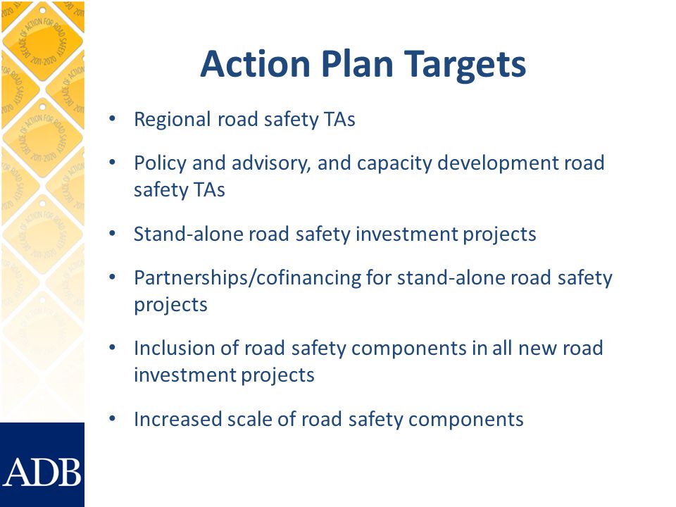 Action Plan Targets Regional road safety TAs Policy and advisory, and capacity development road safety TAs Stand-alone road safety investment projects Partnerships/cofinancing for stand-alone road safety projects Inclusion of road safety components in all new road investment projects Increased scale of road safety components