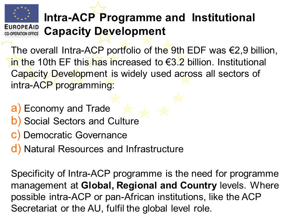 Intra-ACP Programme and Institutional Capacity Development The overall Intra-ACP portfolio of the 9th EDF was 2,9 billion, in the 10th EF this has increased to 3.2 billion.