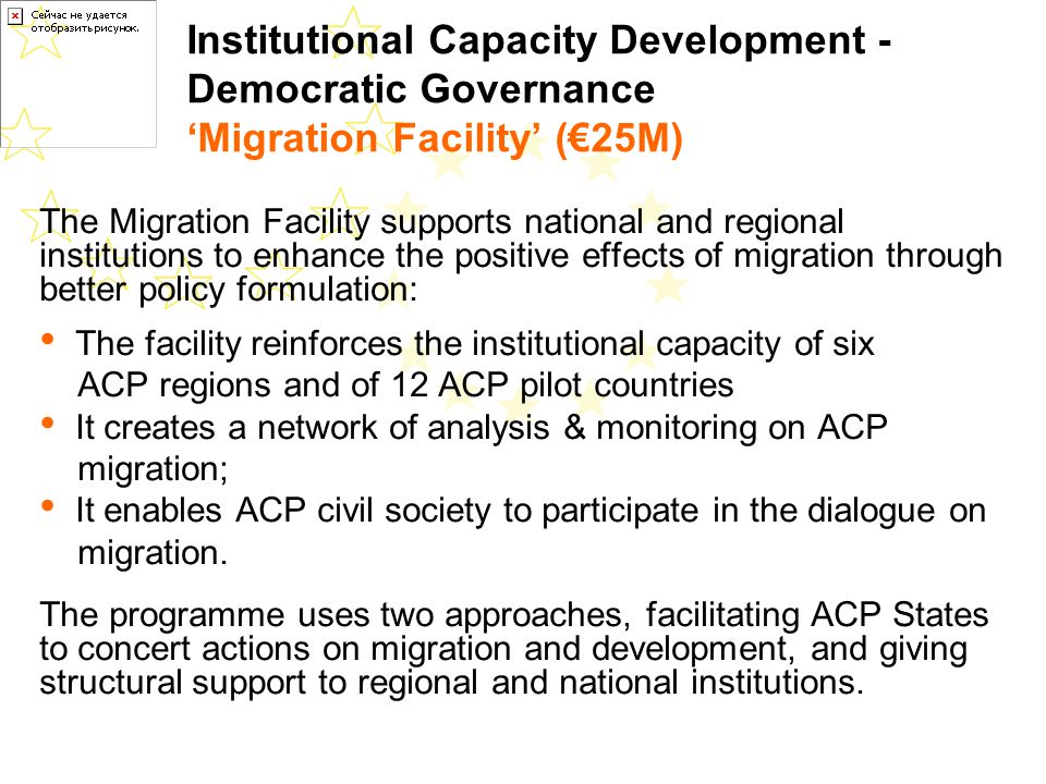 Institutional Capacity Development - Democratic Governance Migration Facility (25M) The Migration Facility supports national and regional institutions to enhance the positive effects of migration through better policy formulation: The facility reinforces the institutional capacity of six ACP regions and of 12 ACP pilot countries It creates a network of analysis & monitoring on ACP migration; It enables ACP civil society to participate in the dialogue on migration.
