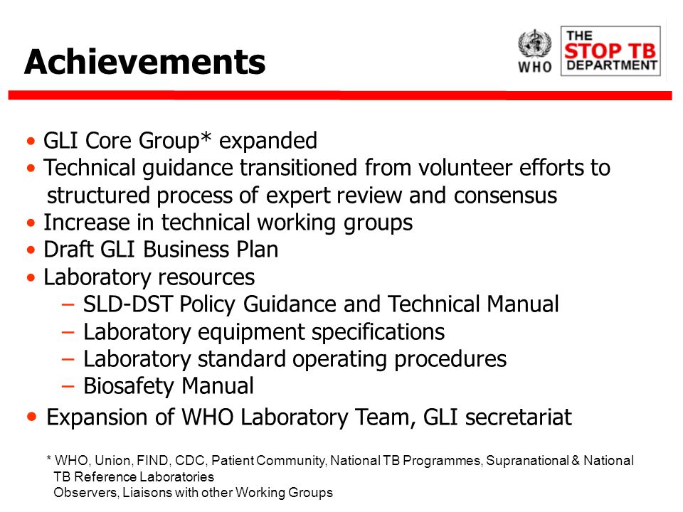 * WHO, Union, FIND, CDC, Patient Community, National TB Programmes, Supranational & National TB Reference Laboratories Observers, Liaisons with other Working Groups Achievements GLI Core Group* expanded Technical guidance transitioned from volunteer efforts to structured process of expert review and consensus Increase in technical working groups Draft GLI Business Plan Laboratory resources SLD-DST Policy Guidance and Technical Manual Laboratory equipment specifications Laboratory standard operating procedures Biosafety Manual Expansion of WHO Laboratory Team, GLI secretariat