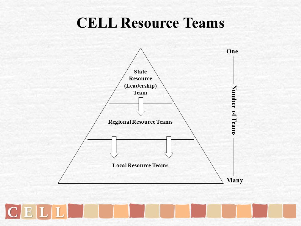 CELL Resource Teams Local Resource Teams Regional Resource Teams State Resource (Leadership) Team Many One Number of Teams