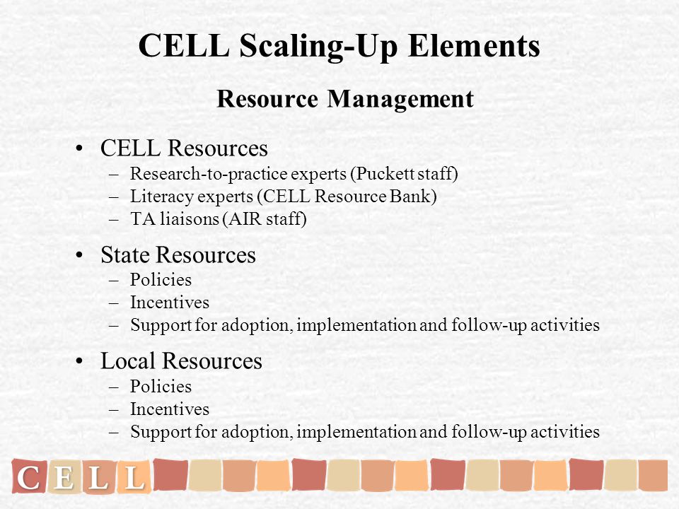 CELL Scaling-Up Elements Resource Management CELL Resources –Research-to-practice experts (Puckett staff) –Literacy experts (CELL Resource Bank) –TA liaisons (AIR staff) State Resources –Policies –Incentives –Support for adoption, implementation and follow-up activities Local Resources –Policies –Incentives –Support for adoption, implementation and follow-up activities