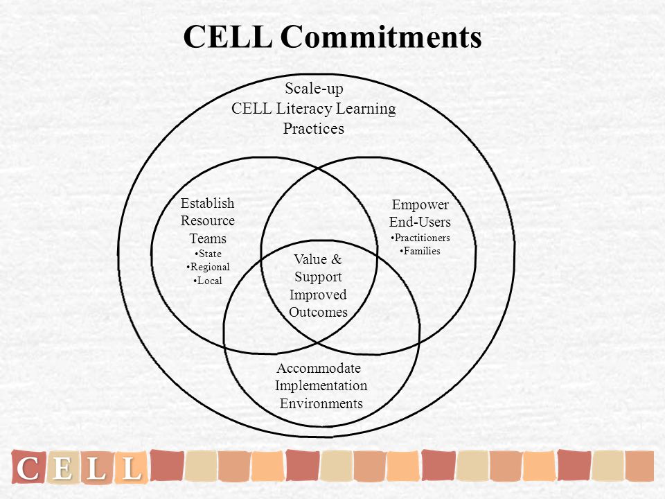 Scale-up CELL Literacy Learning Practices Establish Resource Teams State Regional Local Value & Support Improved Outcomes Empower End-Users Practitioners Families Accommodate Implementation Environments CELL Commitments