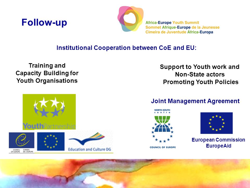 Follow-up Institutional Cooperation between CoE and EU: Joint Management Agreement European Commission EuropeAid Support to Youth work and Non-State actors Promoting Youth Policies Training and Capacity Building for Youth Organisations
