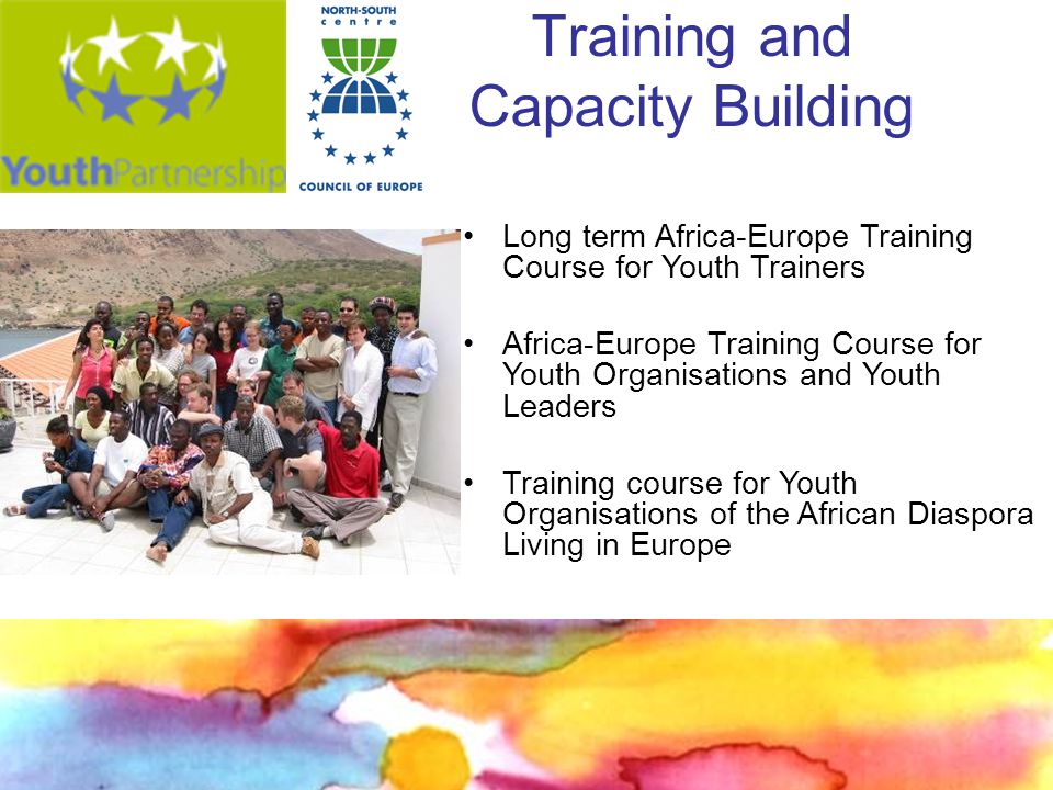 Training and Capacity Building Long term Africa-Europe Training Course for Youth Trainers Africa-Europe Training Course for Youth Organisations and Youth Leaders Training course for Youth Organisations of the African Diaspora Living in Europe
