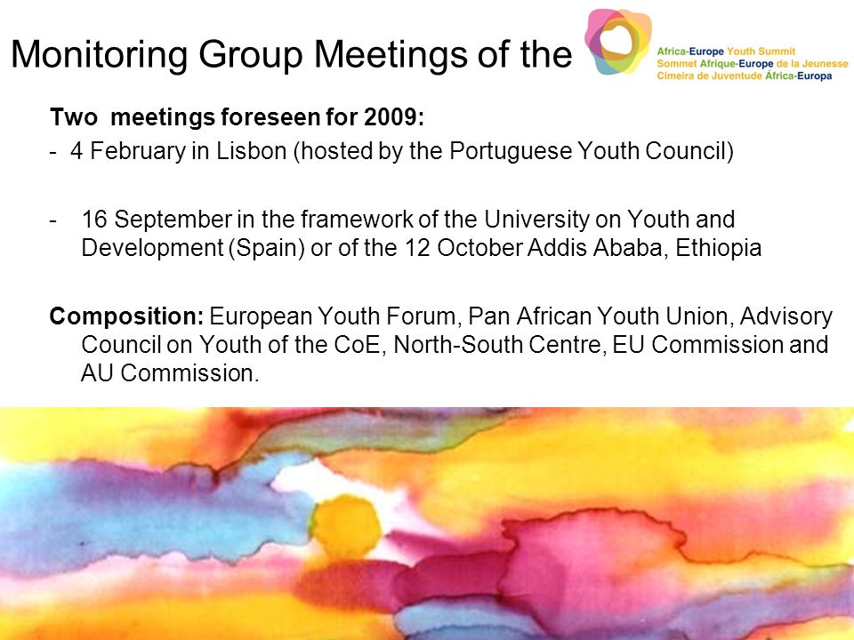 Monitoring Group Meetings of the Two meetings foreseen for 2009: - 4 February in Lisbon (hosted by the Portuguese Youth Council) -16 September in the framework of the University on Youth and Development (Spain) or of the 12 October Addis Ababa, Ethiopia Composition: European Youth Forum, Pan African Youth Union, Advisory Council on Youth of the CoE, North-South Centre, EU Commission and AU Commission.
