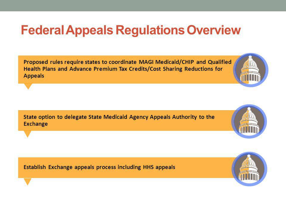 Federal Appeals Regulations Overview Proposed rules require states to coordinate MAGI Medicaid/CHIP and Qualified Health Plans and Advance Premium Tax Credits/Cost Sharing Reductions for Appeals State option to delegate State Medicaid Agency Appeals Authority to the Exchange Establish Exchange appeals process including HHS appeals