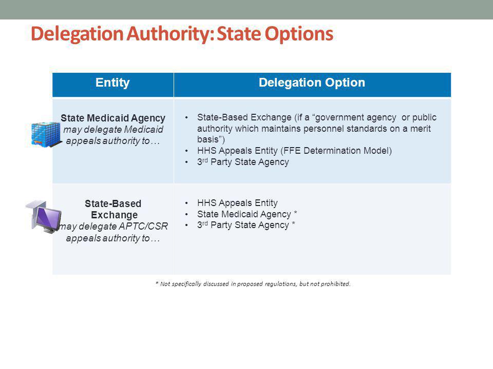 Delegation Authority: State Options EntityDelegation Option State Medicaid Agency may delegate Medicaid appeals authority to… State-Based Exchange (if a government agency or public authority which maintains personnel standards on a merit basis) HHS Appeals Entity (FFE Determination Model) 3 rd Party State Agency State-Based Exchange may delegate APTC/CSR appeals authority to… HHS Appeals Entity State Medicaid Agency * 3 rd Party State Agency * * Not specifically discussed in proposed regulations, but not prohibited.