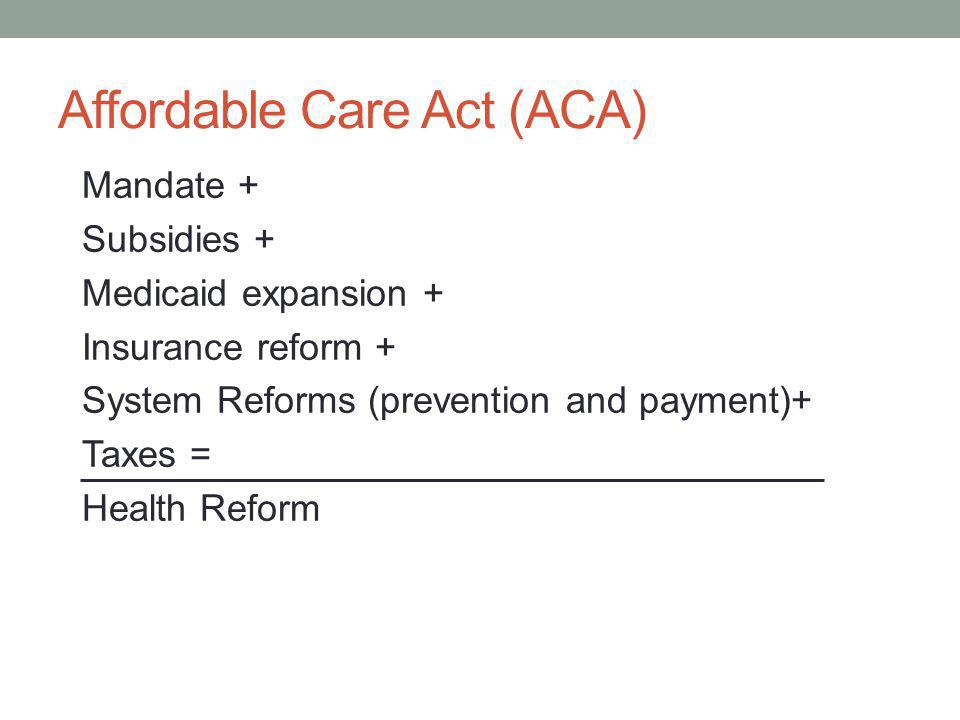 Affordable Care Act (ACA) Mandate + Subsidies + Medicaid expansion + Insurance reform + System Reforms (prevention and payment)+ Taxes = Health Reform