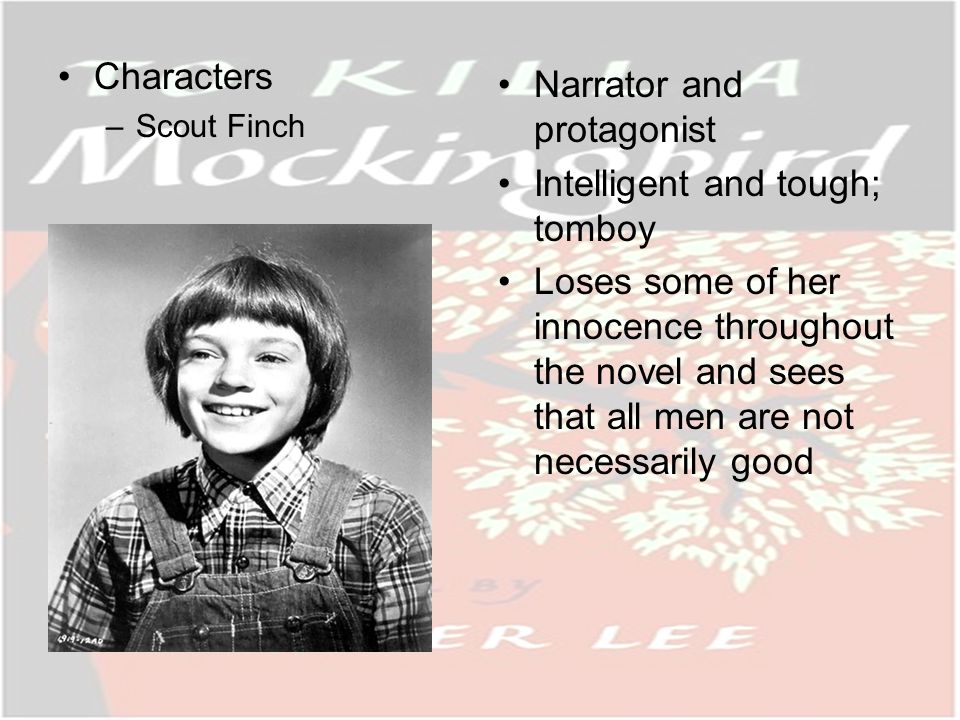 Characters –Scout Finch Narrator and protagonist Intelligent and tough; tomboy Loses some of her innocence throughout the novel and sees that all men are not necessarily good