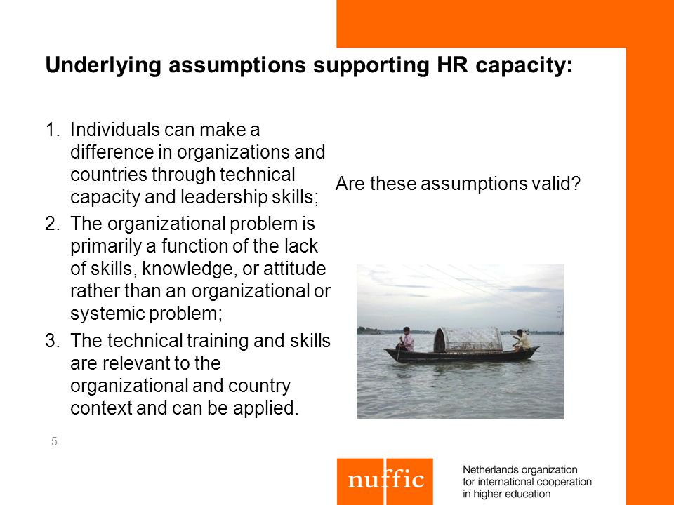 Underlying assumptions supporting HR capacity: 1.Individuals can make a difference in organizations and countries through technical capacity and leadership skills; 2.The organizational problem is primarily a function of the lack of skills, knowledge, or attitude rather than an organizational or systemic problem; 3.The technical training and skills are relevant to the organizational and country context and can be applied.
