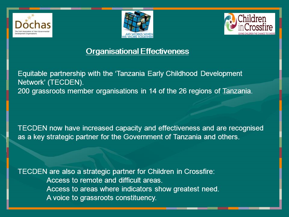Organisational Effectiveness Equitable partnership with the Tanzania Early Childhood Development Network (TECDEN).