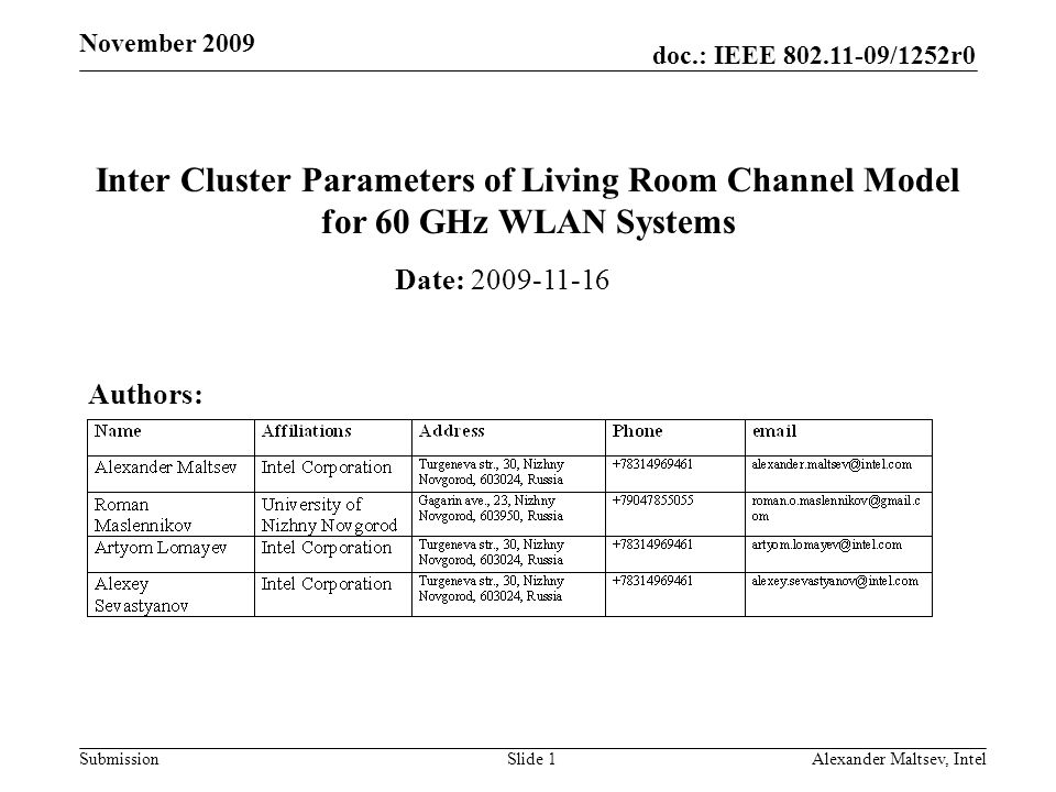 doc.: IEEE /1252r0 Submission November 2009 Inter Cluster Parameters of Living Room Channel Model for 60 GHz WLAN Systems Date: Authors: Slide 1Alexander Maltsev, Intel