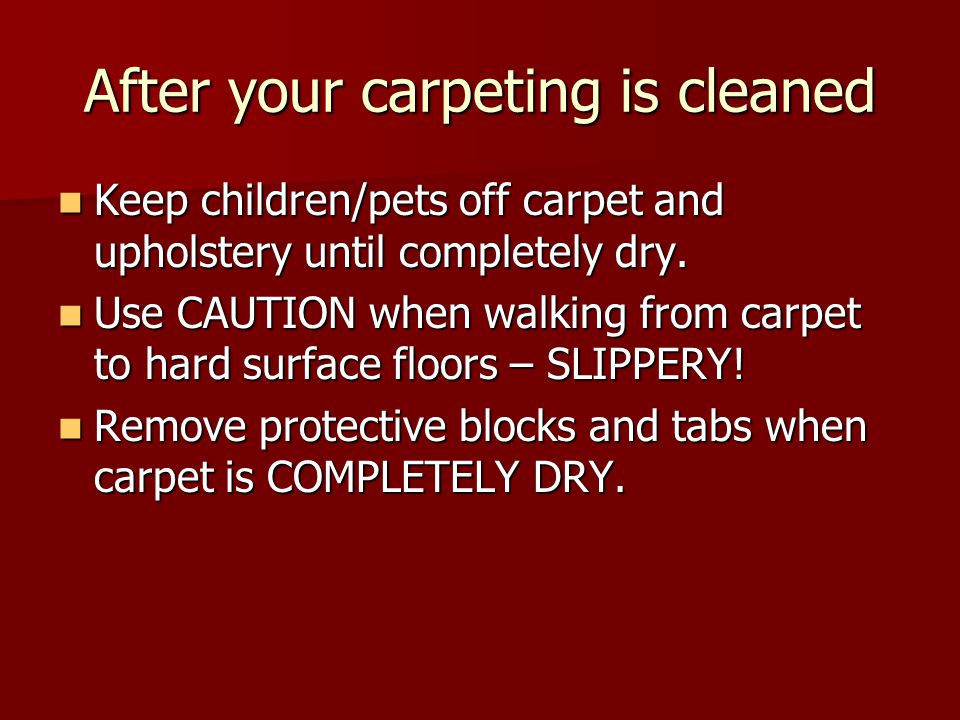 After your carpeting is cleaned Keep children/pets off carpet and upholstery until completely dry.