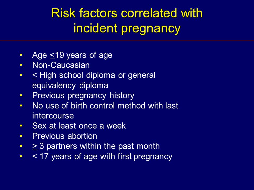 Risk factors correlated with incident pregnancy Age <19 years of age Non-Caucasian < High school diploma or general equivalency diploma Previous pregnancy history No use of birth control method with last intercourse Sex at least once a week Previous abortion > 3 partners within the past month < 17 years of age with first pregnancy