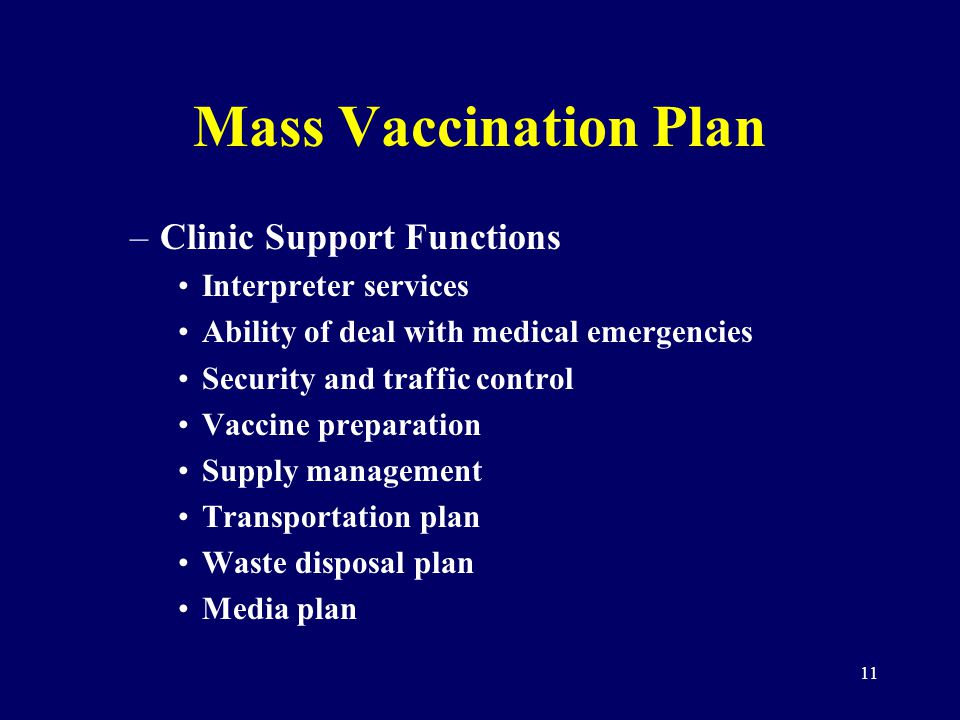 11 Mass Vaccination Plan –Clinic Support Functions Interpreter services Ability of deal with medical emergencies Security and traffic control Vaccine preparation Supply management Transportation plan Waste disposal plan Media plan