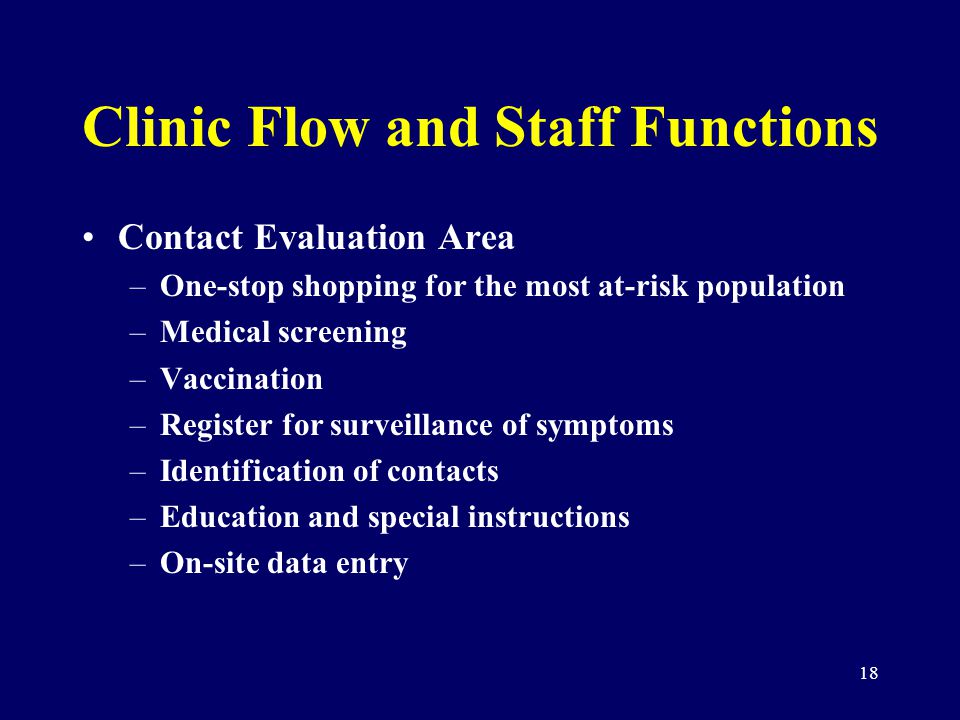 18 Clinic Flow and Staff Functions Contact Evaluation Area –One-stop shopping for the most at-risk population –Medical screening –Vaccination –Register for surveillance of symptoms –Identification of contacts –Education and special instructions –On-site data entry