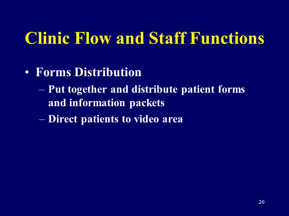 20 Clinic Flow and Staff Functions Forms Distribution –Put together and distribute patient forms and information packets –Direct patients to video area