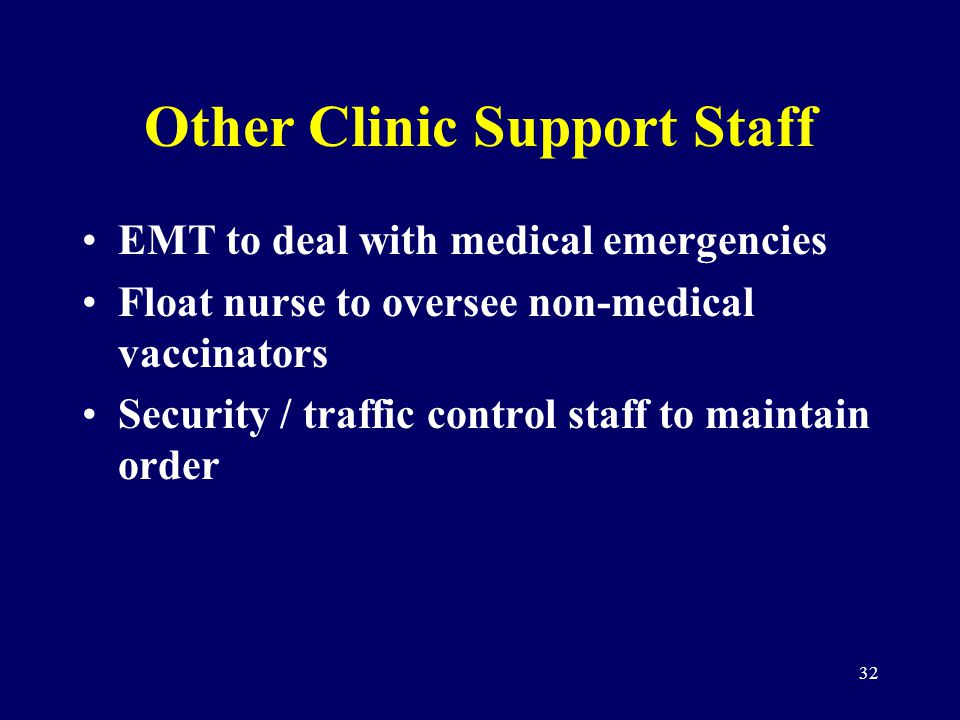 32 Other Clinic Support Staff EMT to deal with medical emergencies Float nurse to oversee non-medical vaccinators Security / traffic control staff to maintain order