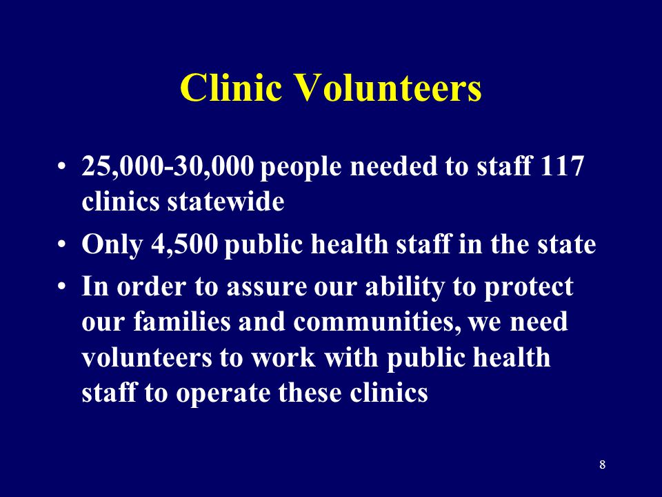 8 Clinic Volunteers 25,000-30,000 people needed to staff 117 clinics statewide Only 4,500 public health staff in the state In order to assure our ability to protect our families and communities, we need volunteers to work with public health staff to operate these clinics