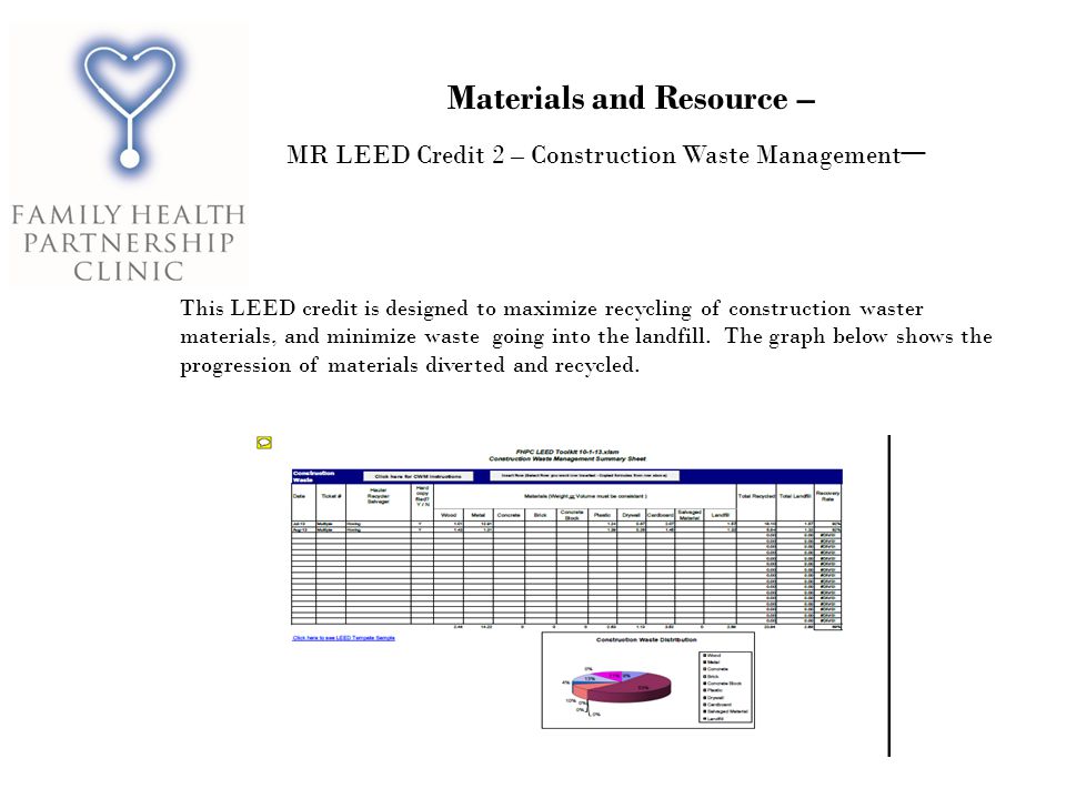 Materials and Resource – MR LEED Credit 2 – Construction Waste Management – This LEED credit is designed to maximize recycling of construction waster materials, and minimize waste going into the landfill.