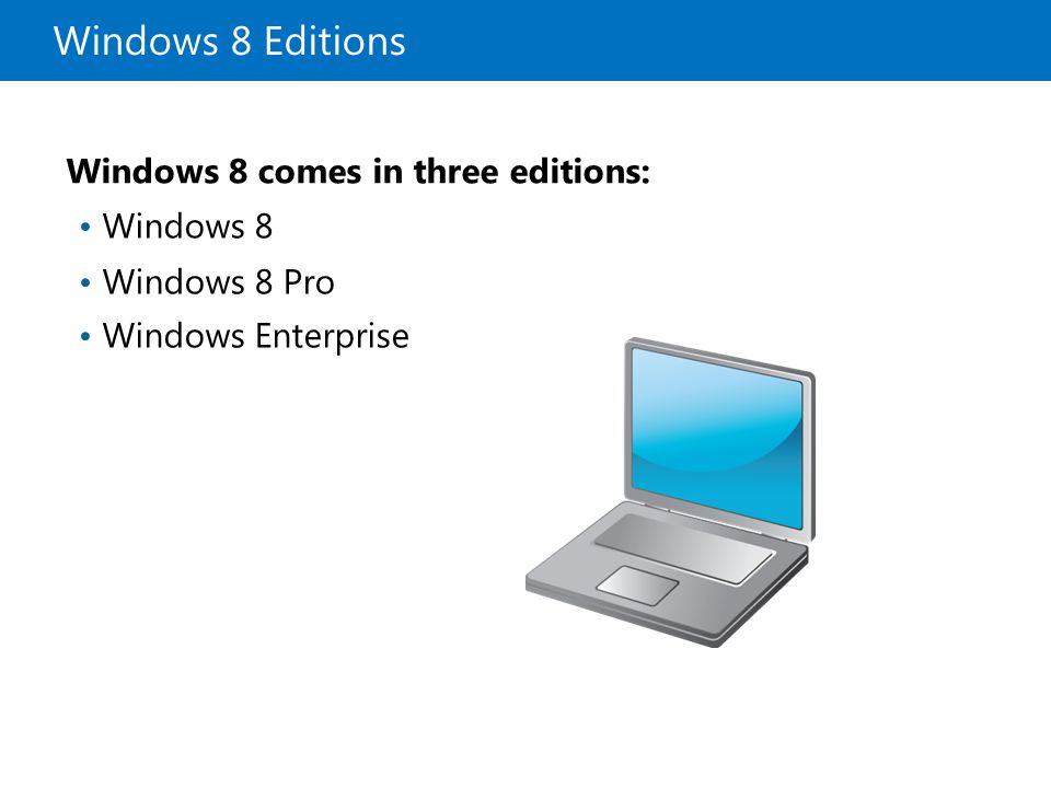 Windows 8 Editions Windows 8 comes in three editions: Windows 8 Windows 8 Pro Windows Enterprise