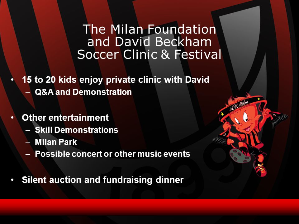 15 to 20 kids enjoy private clinic with David –Q&A and Demonstration Other entertainment –Skill Demonstrations –Milan Park –Possible concert or other music events Silent auction and fundraising dinner The Milan Foundation and David Beckham Soccer Clinic & Festival