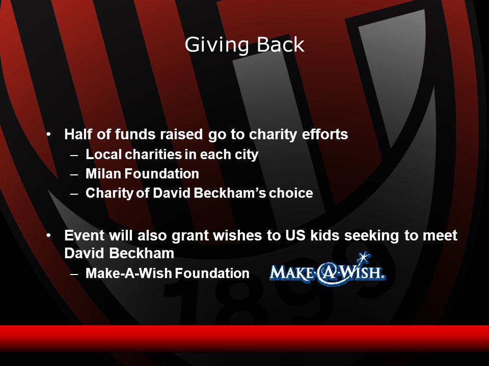 Half of funds raised go to charity efforts –Local charities in each city –Milan Foundation –Charity of David Beckhams choice Event will also grant wishes to US kids seeking to meet David Beckham –Make-A-Wish Foundation Giving Back