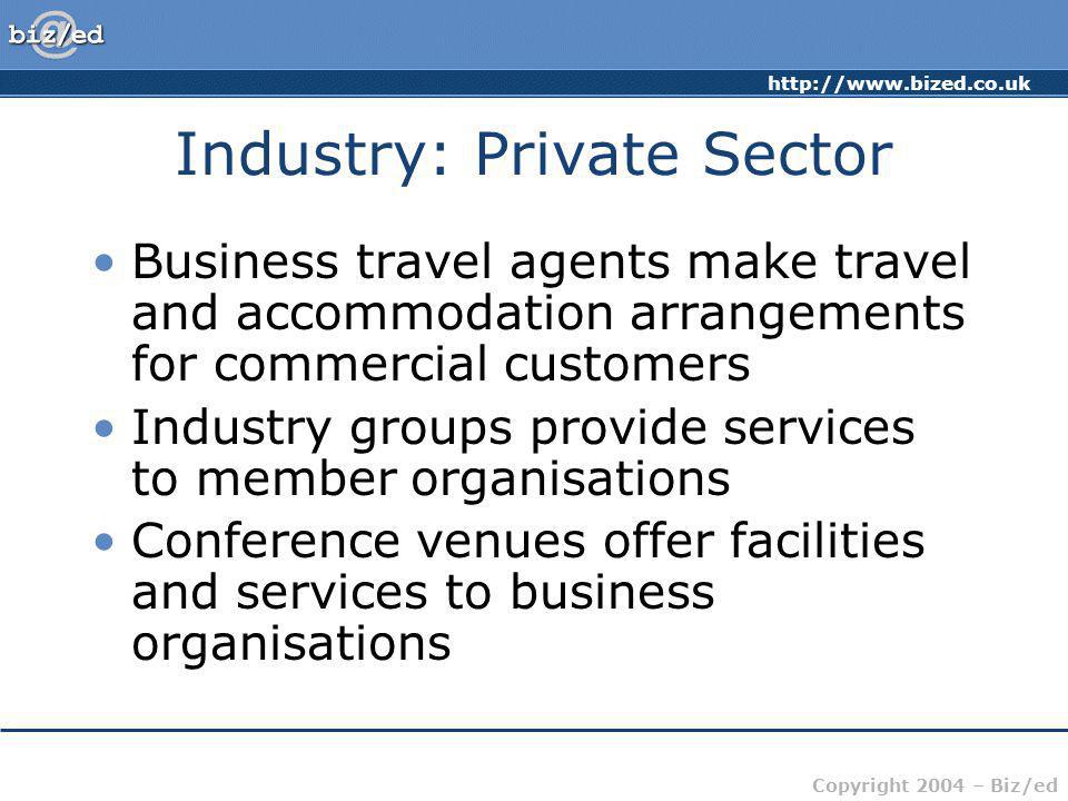 Copyright 2004 – Biz/ed Industry: Private Sector Business travel agents make travel and accommodation arrangements for commercial customers Industry groups provide services to member organisations Conference venues offer facilities and services to business organisations