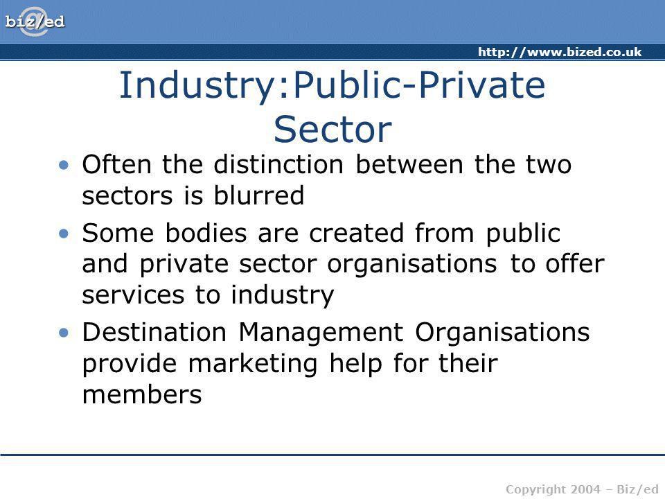 Copyright 2004 – Biz/ed Industry:Public-Private Sector Often the distinction between the two sectors is blurred Some bodies are created from public and private sector organisations to offer services to industry Destination Management Organisations provide marketing help for their members
