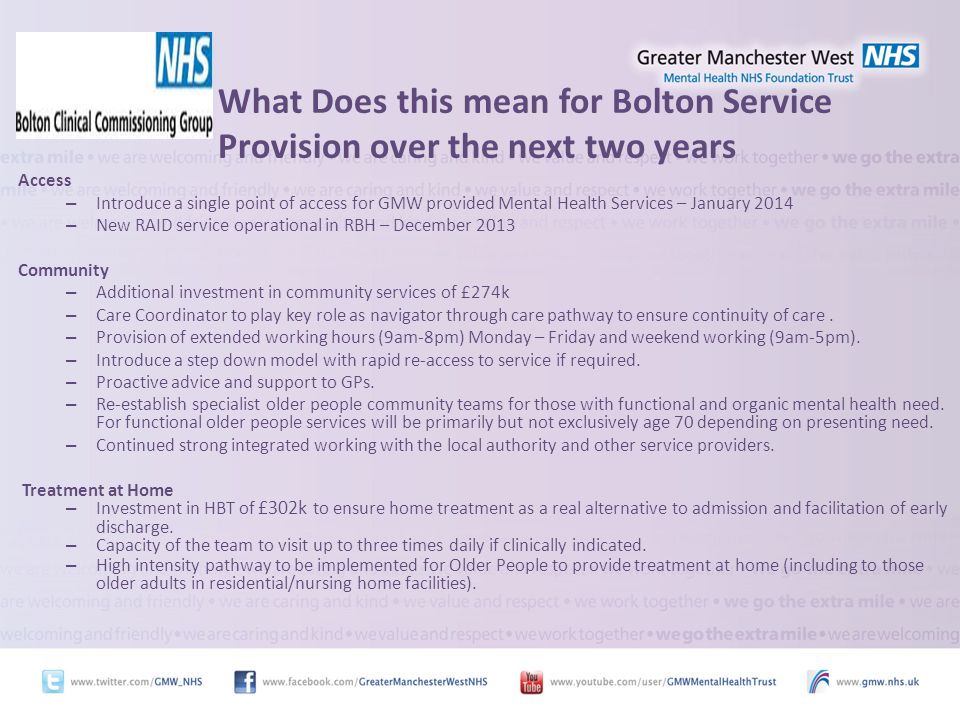 What Does this mean for Bolton Service Provision over the next two years Access – Introduce a single point of access for GMW provided Mental Health Services – January 2014 – New RAID service operational in RBH – December 2013 Community – Additional investment in community services of £274k – Care Coordinator to play key role as navigator through care pathway to ensure continuity of care.
