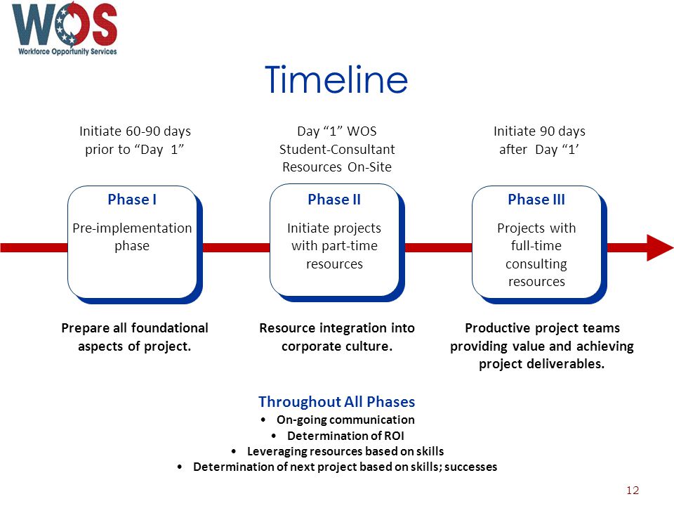 Timeline Phase I Pre-implementation phase Phase II Initiate projects with part-time resources Phase III Projects with full-time consulting resources Prepare all foundational aspects of project.
